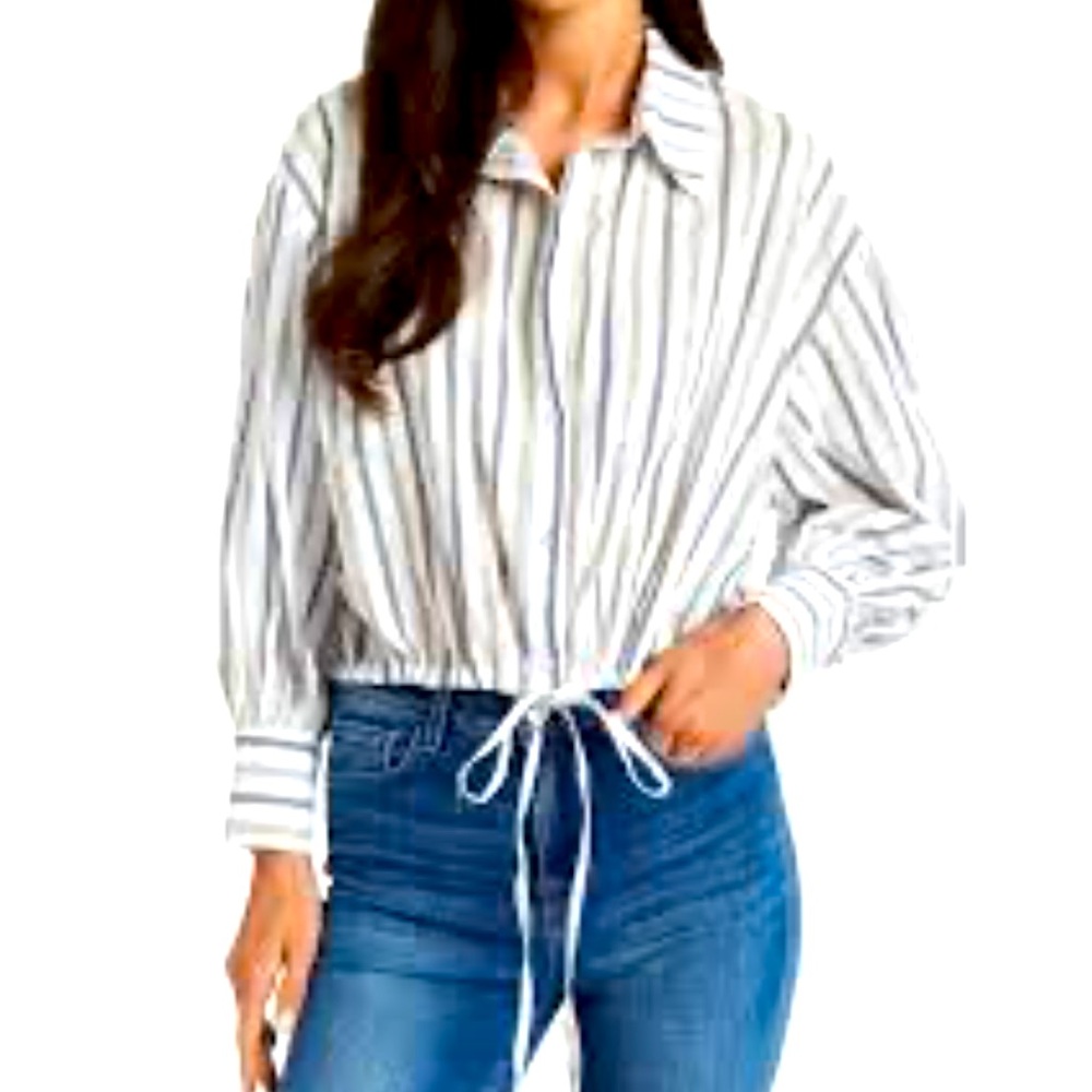 DREW Kylie Top NWT in denim blue white and khaki stripe natural fibers Size Med